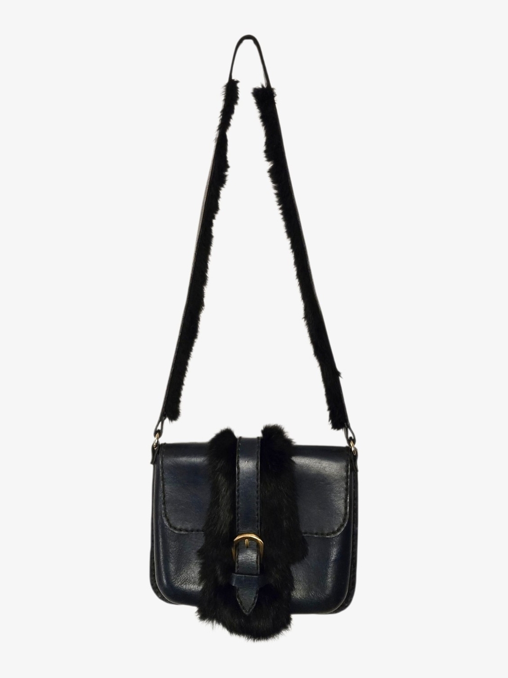 Vintage Dark Blue Fur Trim Leather Crossbody Bag!